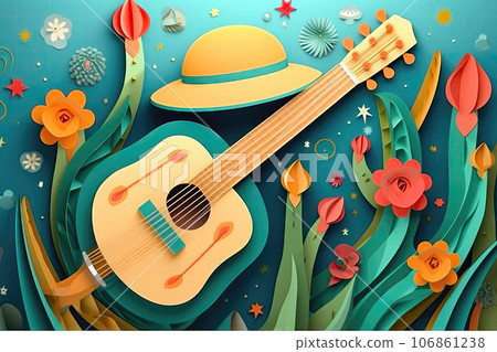Guitar, hat and paper art flowers - Generative AI 106861238