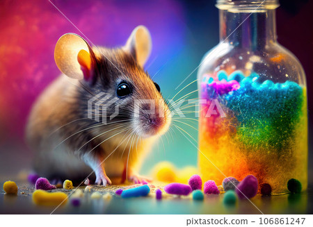Commemorate World Laboratory Animals Day with this beautiful illustration of a white laboratory mouse sitting next to colorful test tubes and chemicals. Generative AI 106861247
