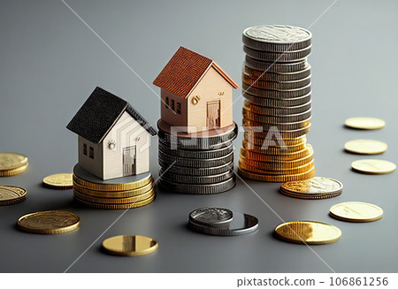 Investing in Real Estate with Miniature Houses on Coins - Generative AI Investing in Real Estate with Miniature Houses on Coins - Generative AI 106861256