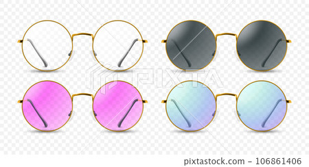 Vector 3d Realistic Round Frame Glasses Frame Isolated. Transparent Sunglasses for Women and Men, Accessory. Optics, Lens, Vintage, Trendy Glasses. Front View Vector 3d Realistic Round Frame Glasses Frame Isolated. Transparent Sunglasses for Women and Men, Accessory. Optics, Lens, Vintage, Trendy Glasses. Front View 106861406