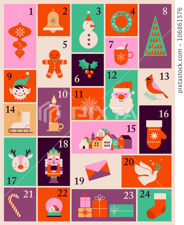 Advent Calendar, Merry Christmas poster, printable template with Xmas elements in modern minimalist Advent Calendar, Merry Christmas poster, printable template with Xmas elements in modern minimalist 106861576