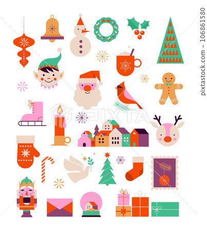 Merry Christmas cute modern minimalist style elements, illustrations collection. Santa, Christmas 106861580