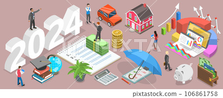 3D Isometric Flat Vector Conceptual Illustration of Budget For New 2024 Year 106861758