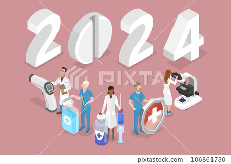 3D Isometric Flat Vector Conceptual Illustration of New Year 2024 And Medicine 106861780