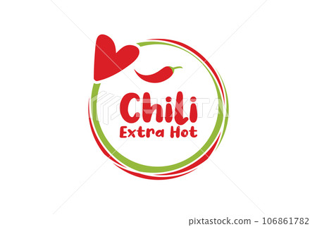 Chili extra hot sign, label, sticker, tag, text design with green line contour and heart, white background 106861782