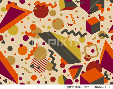 3d geometric seamless pattern in style of the 80s. 3d isometric triangles, squares and circles. Autumn color palette. Background for promotional product, wrapping paper and print. Vector illustration 106862105