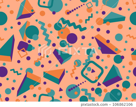 Memphis seamless pattern with 3d geometric shapes in 80s style. Colorful geometric pattern. Design of promotional products, wrapping paper and printing. Vector illustration 106862106