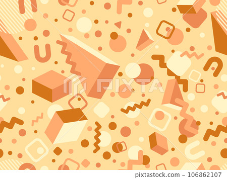 Memphis seamless pattern with 3d geometric shapes in 80s style. Colorful geometric pattern. Design of promotional products, wrapping paper and printing. Vector illustration 106862107