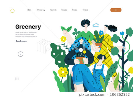Greenery, ecology -modern flat vector concept illustration of people surrounded by plants and flowers. Metaphor of environmental sustainability and protection, closeness to nature 106862532