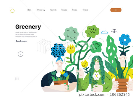 Greenery, ecology -modern flat vector concept illustration of people surrounded by plants and flowers. Metaphor of environmental sustainability and protection, closeness to nature 106862545