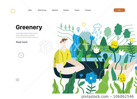 Greenery, ecology -modern flat vector concept illustration of a man sitting in the landscape with river and waterfall. Metaphor of environmental sustainability and protection, closeness to nature 106862546