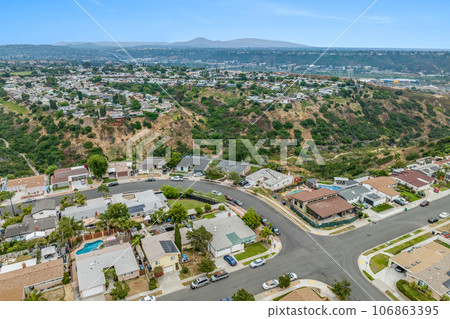 Aerial view of house in Serra Mesa City in San Diego, California, USA Aerial view of house in Serra Mesa City in San Diego, California, USA 106863395