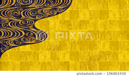 Rinpa-style folding screen art depicting the flow of a river in gold leaf 106863430