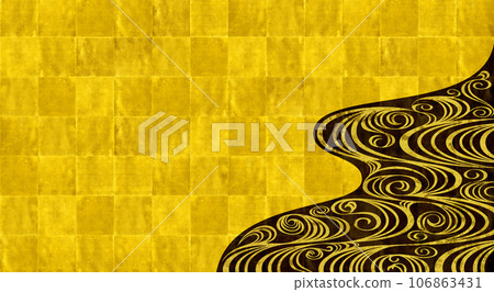 Rinpa-style folding screen art depicting the flow of a river in gold leaf Rinpa-style folding screen art depicting the flow of a river in gold leaf 106863431
