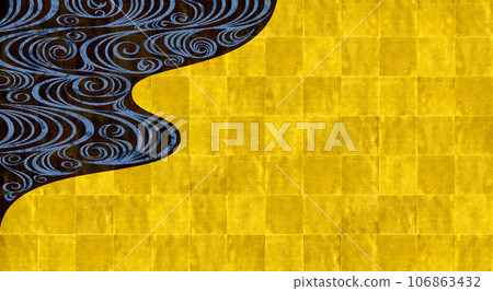 Rinpa-style folding screen art depicting the flow of a river in gold leaf Rinpa-style folding screen art depicting the flow of a river in gold leaf 106863432