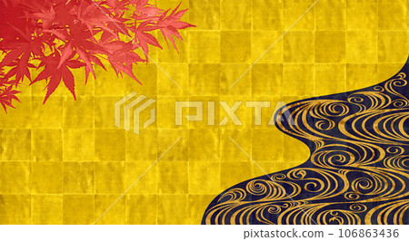 Rinpa-style folding screen art depicting colored maples and water streams in gold leaf 106863436