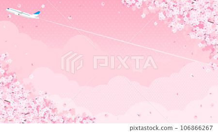 Cherry blossoms in full bloom and airplane background material (landscape 16:9) 106866267