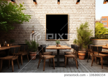 A sign on patio mockup in the restaurant. Generative AI A sign on patio mockup in the restaurant. Generative AI 106866334