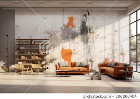 Wall Paper pencil sketch design with modern furniture in foreground. Generative AI 106866404