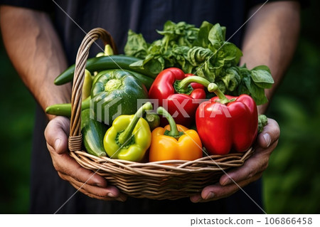 Basket of vegetables in hand of mature man, isolated on white background, studio lighting. Generative AI 106866458