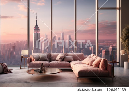 A living room with a pink couch and a blue ottoman. Generative AI 106866489