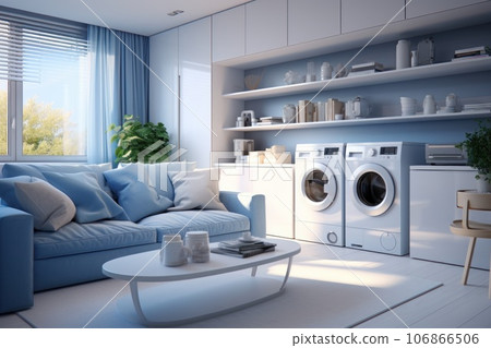 Modern living room corner with washing machine blue and white Modern living room corner with washing machine blue and white 106866506