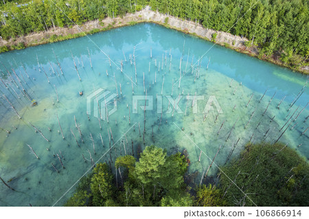 Aerial view of Shirogane Blue Pond in Biei, Hokkaido Aerial view of Shirogane Blue Pond in Biei, Hokkaido 106866914