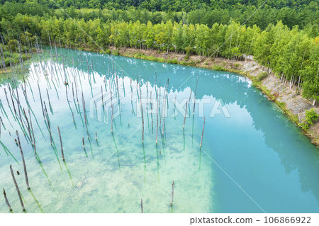 Aerial view of Shirogane Blue Pond in Biei, Hokkaido 106866922