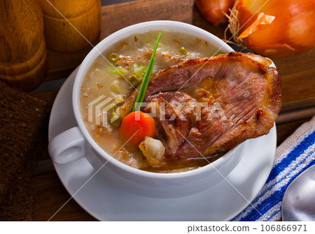Mutton potage with green peas Mutton potage with green peas 106866971