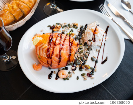 Salad of salted salmon with shrimps, vegetables and cream cheese sauce Salad of salted salmon with shrimps, vegetables and cream cheese sauce 106868090