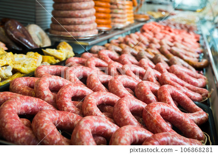 counter with assort of sausage 106868281