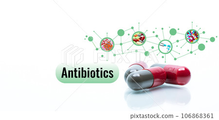 Antibiotic drugs. Prescription drugs. Antibiotic capsule pills. Antibiotic drug selection. Antibiotic drug research and development. Pharmaceutical industry. Quality control in drug production. GMP. 106868361
