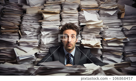 “AI-generated image” of a man surrounded by a large amount of paper 106868457