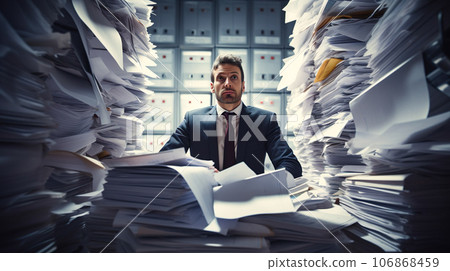 “AI-generated image” of a man surrounded by a large amount of paper 106868459
