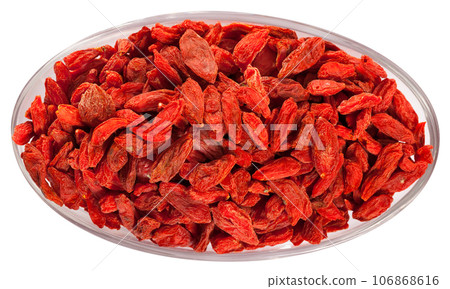 Top view of dried goji berries in glass bowl 106868616
