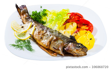 Grilled trout with vegetable garnish Grilled trout with vegetable garnish 106868720