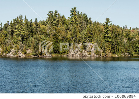 View on the Forest near lake in La Mauricie National Park Quebec, Canada on a beautiful day 106869894
