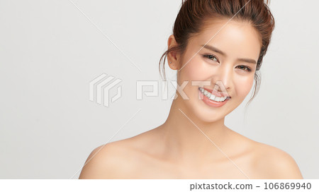 Beautiful smile of young woman with healthy white teeth on beige background, Dental care. Dentistry concept. Beautiful smile of young woman with healthy white teeth on beige background, Dental care. Dentistry concept. 106869940