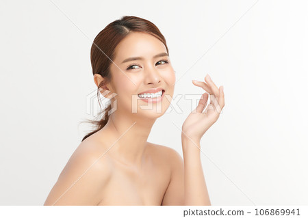 Beautiful smile of young woman with healthy white teeth on beige background, Dental care. Dentistry concept. Beautiful smile of young woman with healthy white teeth on beige background, Dental care. Dentistry concept. 106869941