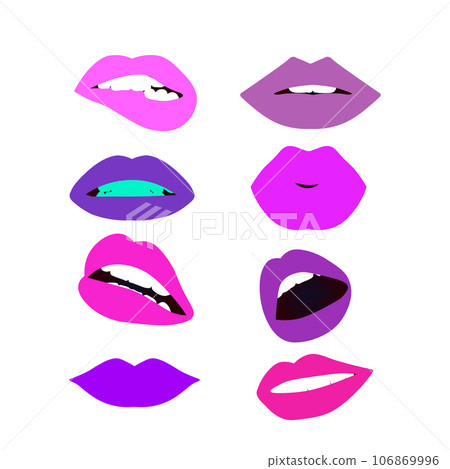 Red lips collection. Kiss, half-open mouth, biting lip, lip licking, tongue out. Vector 106869996