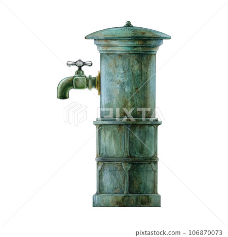 Vintage style outdoor garden faucet. Watercolor illustration. Painted vintage metal standing decorative garden tap. Outside standing metal old tap element. White background Vintage style outdoor garden faucet. Watercolor illustration. Painted vintage metal standing decorative garden tap. Outside standing metal old tap element. White background 106870073