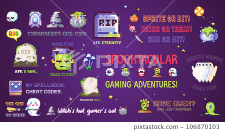 Set of Halloween Pixel art Gamer Stickers. Decorative Collection of Retro 90s Badges with Halloween Characters and Funny Quotes. Ready to print 8bit patterns design. 106870103