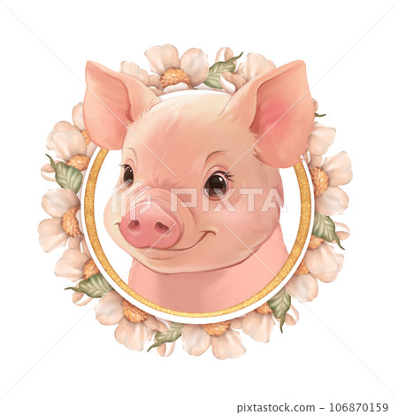 Cute pig portrait with floral frame. Illustration Cute pig portrait with floral frame. Illustration 106870159