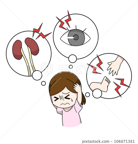 Illustration of a woman frightened by diabetes complications 106871381