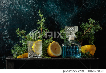 Cocktail gin-tonic with ice, lemon, and rosemary in a frozen glass. Cocktail gin-tonic with ice, lemon, and rosemary in a frozen glass. 106872830