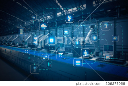 Cloud computing technology concept with robot assembly line and graphic display 106873066