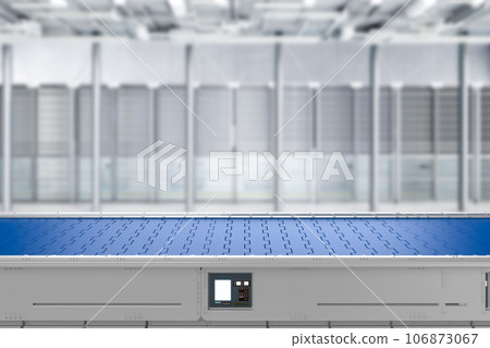 Empty blue conveyor belt in factory 106873067