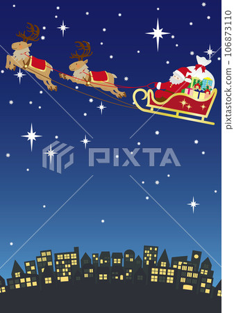 聖誕夜聖誕老人乘坐馴鹿雪橇在星空中飛行的矢量圖 106873110