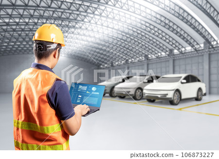 Asian engineer or technician work with ev car 106873227