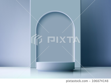 3D realistic modern style empty soft blue podium with door rounded on blue background 106874148